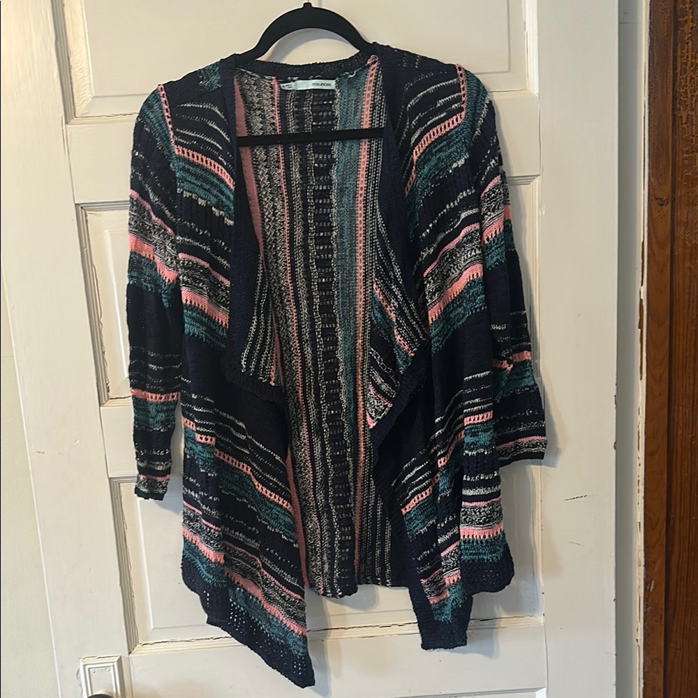 Maurices Pink and Blue Cardigan with Waterfall Front and Three-Quarter Sleeves